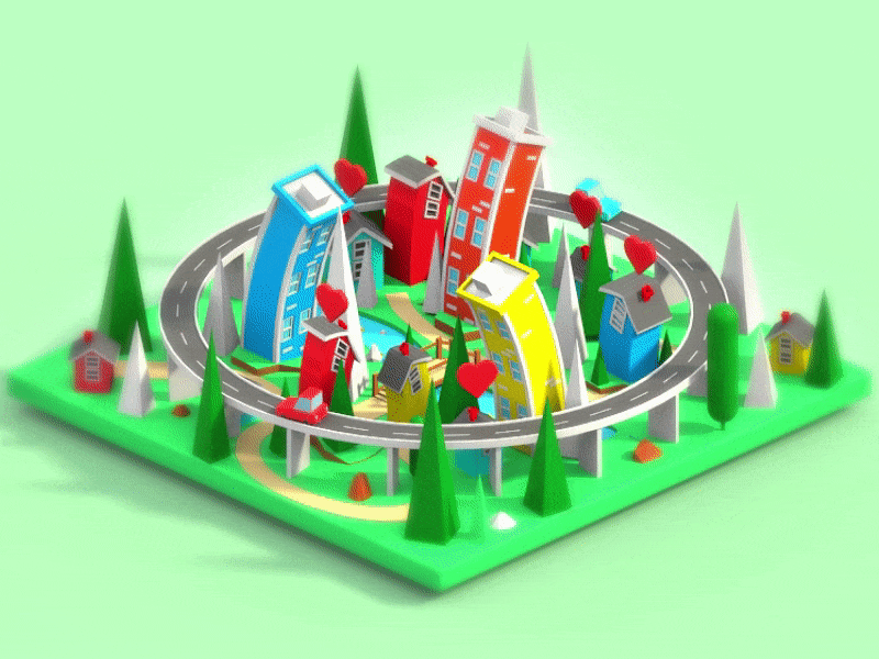 Race around the city 3d 3d animation arhitecture building city game gif illustration isometric landing page low poly lowpoly nature render road tree ui ux vector video web design