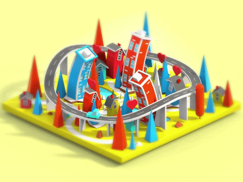 Race around the city 2 3d 3d animation building car city flat game gif illustration isometric landing page lowpoly nature render road town ui ux vector video web design