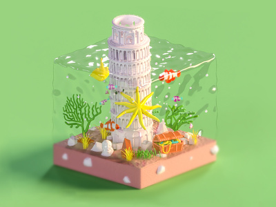 Tower of Pisa 3d 3d animation app architecture building fish game illustration interface isometric landing page lowpoly render sea texture tree typography ui ui ux web design
