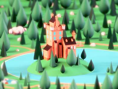 Castle building game illustration isometric landing page lowpoly