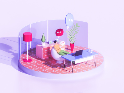 Chat everywhere - Work 3d 3d animation business character dashboard game graphic house illustration interface isometric landing page lowpoly mac people render room texture ui ux web design