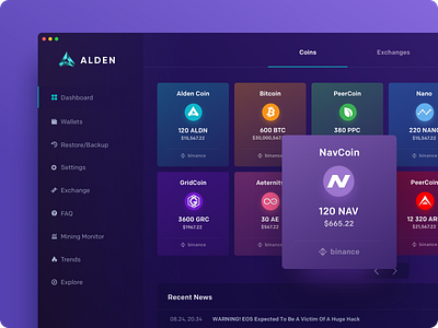 Alden Dashboard alden app bitcoin blockchain crypto cryptocurrency desktop exchange fintech maise portfolio wallet