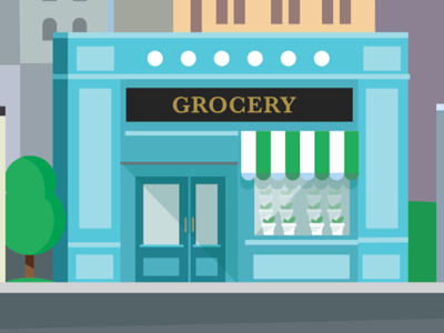 Shops in the city boat city eco feed flat fresh green grocery illustration shops tree vector