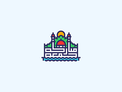 Jumma Mubarak arabic typography artwork geometric icon illustration minimalism mosque outline sun sunrise trees water