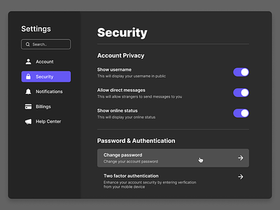 Settings account authentication config configuration daily ui dark dark mode desktop figma night night mode password privacy profile security setting settings ui visibility visible