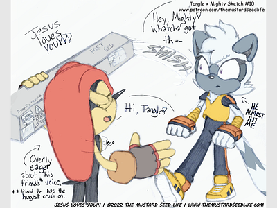 Sonic: Tangle x Mighty "Crush N' Swish" Fan Art cartoon challenge character digital fan art fanart illustration jesus loves you!!! mighty mighty the armadillo pencil sketch sonic sonic the hedgehog style stylized tangle tangle the lemur tangle x mighty the mustard seed life
