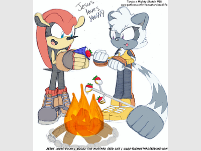 Sonic: Tangle x Mighty "Campfire Strawberries" Fan Art cartoon challenge character digital fan art fanart illustration jesus loves you!!! mighty mighty the armadillo pencil sketch sonic sonic the hedgehog style stylized tangle tangle the lemur tangle x mighty the mustard seed life