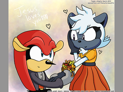 Sonic: Tangle x Mighty "It's a Date" Fan Art cartoon challenge character corsage digital fan art fanart flower illustration jesus loves you!!! mighty mighty the armadillo sonic sonic the hedgehog style stylized tangle tangle the lemur tangle x mighty the mustard seed life