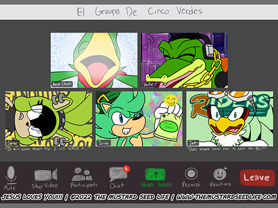 Sonic: 5 Greens Communicating in a Group Video Call bean bean the dynamite call challenge fan art fanart illustration irish irish the hedgehog jesus loves you!!! jet jet the hawk sonic sonic the hedgehog surge surge the tenrec the mustard seed life vector vector the crocodile video call