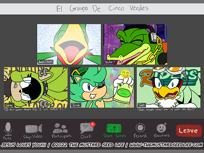 Sonic: 5 Greens Communicating in a Group Video Call bean bean the dynamite call challenge fan art fanart illustration irish irish the hedgehog jesus loves you!!! jet jet the hawk sonic sonic the hedgehog surge surge the tenrec the mustard seed life vector vector the crocodile video call