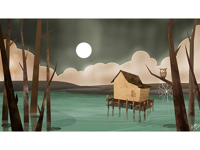 Lake House creepy float house lake moon night owl spider trees web