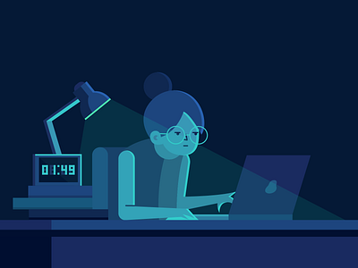 Stay up late clock design desk flat girl illustration laptop night vector work