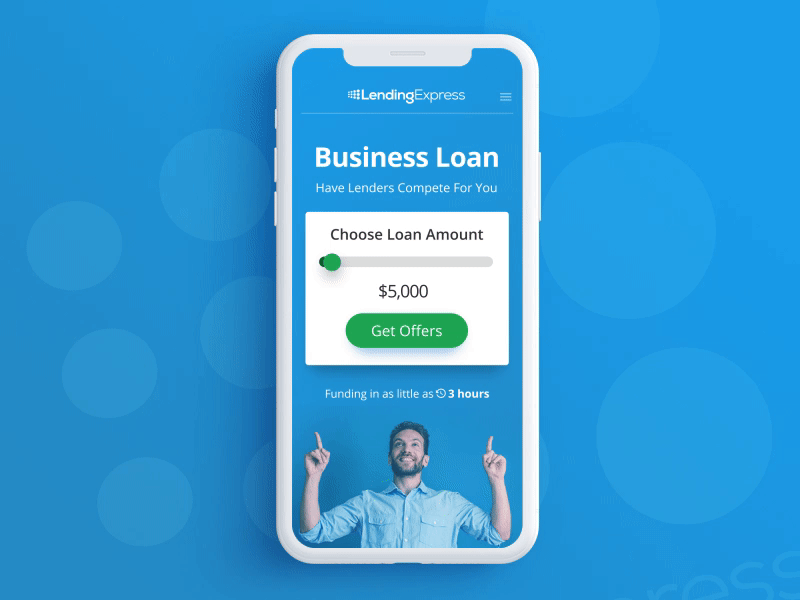 Lending Express Slider amount animated blue business loan landing page lending express mobile shadow slider smartphone ui ux
