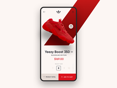 Adidas - Product Detail add to cart adidas adidas originals app design detail page ecommerce app flat hero product detail productdetail red redisign selection shoes shop sneaker store ui ui design yeezy