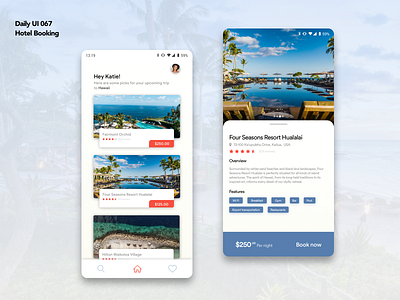 Daily UI 067 | Hotel Booking android app blue booking booking app card dailyui design hawaii hotel app hotel booking hotel booking app mobile mobile app travel travel app travelling ui ux white