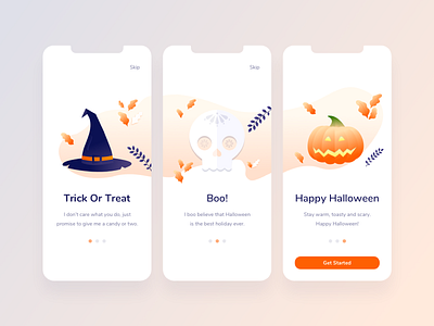 Halloween Onboarding Screens app gradient halloween illustraion interface iphone x leaves onboarding orange pagination pumpkin skull ui witch hat