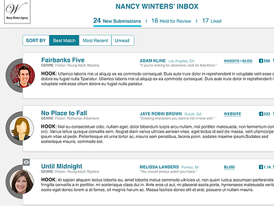 Authors.me Old Agent Publisher Inbox agents authors inbox match publishers publishing sort ui ux writers