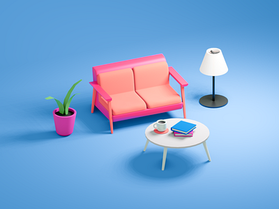 Simple 3D Scene 3d 3d art 3d artist clean couch design illustration lamp modeling modern plant scene table ui