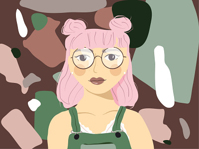 Overalls girl bangs buns girl glasses overalls pink hair round glasses spacebuns terrazo