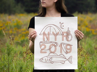 NYR 2019 Poster camp camping cup fish knife knots kuksa line illustration style nyr nyr resolutions outdoors outdoorsy pickerel rope tent walleye