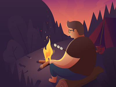 Camp app bonfire camp camper camping dusk fire illustration mannheim outdoor tent ui web website
