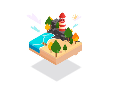 Illustration in isometry - lighthouse clouds creativity design flat graphic design illustration social trees