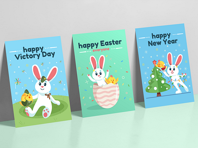 Greeting card set chick creativity flat illustration rabbit