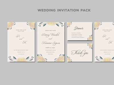 Wedding invitation card template set with white rose bouquet