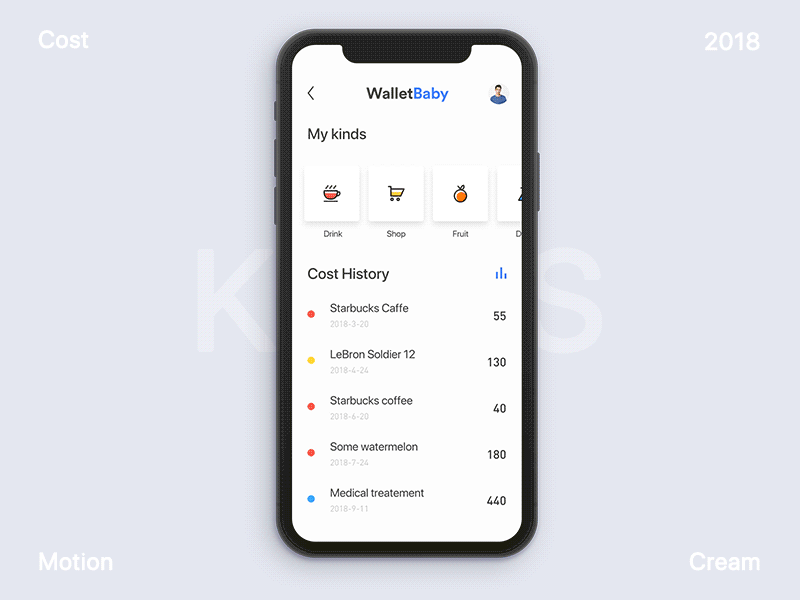 Walletbaby app motion design blue chart colorful icon consumption type expenses record icon iphonex maps ui ux wallet app 应用