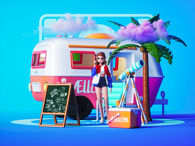 3D character scene 2020 3d beach blue car character cimema4d cloud color colorful design fashion girl photoshop pink scene travel tree wellcome woman