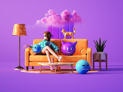 3D character scene 2 2020 3d cat cimema4d cloud cocacola emoji girl character light potoshop sofa