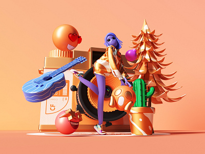 3D character scene 4 2020 3d camera cimema4d emoji girl music orange photoshop tree
