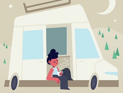 Home camper campervan caravan character chill coffee girl illustration moon relax travel van