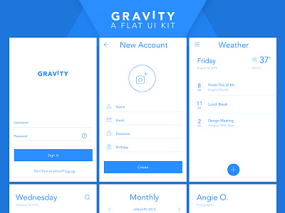 Gravity - Mobile UI Kit account blue calendar flat kit login minimal mobile modern psd ui weather