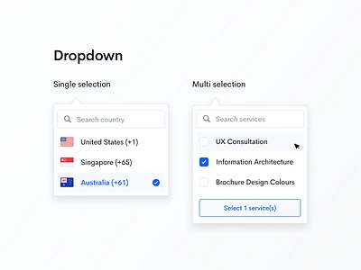 🏜Components - Single selection & Multi selection affordance checkbox code area country code dropdown hover phone number react components search signifiers single selection style guide video consultation web app