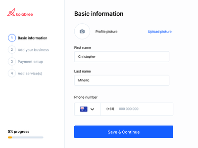 💁 Kolabree - Onboarding affordance breadcrumbs button clean components consultation dashboard design farizpie fields phone number popular dribbble progress indicator real project saas sidebar signifier upload picture user interface