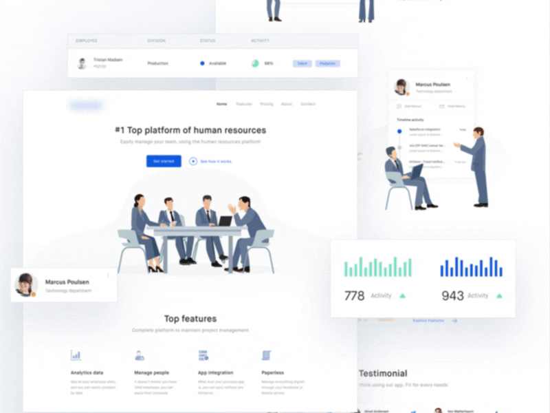 Human Resource Management Platform - Landing Page employee flinto graph human resource landing page project management ui saas statistic ui design user happiness