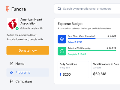 Online Fundraising - Nonprofit Profile affordance budget campaigns clean dashboard donations expense budget fundraise fundraising nonprofit product real project saas search bar signifier track usability user interface web design website