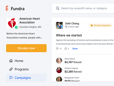 Accountable fundraising for nonprofits - Campaigns affordance campaigns charity design donate donations fundraising nonprofits organization organizer product real project saas search signifier ui design usability user interface web design wishlist