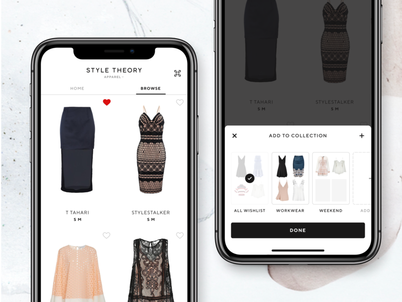 Wishlist - Add to collection bookmark bottom sheet closet clothes clothing collection dress fashion female ios app iphone x lifestyle likes minimal real project rent saas style theory wardrobe wishlist