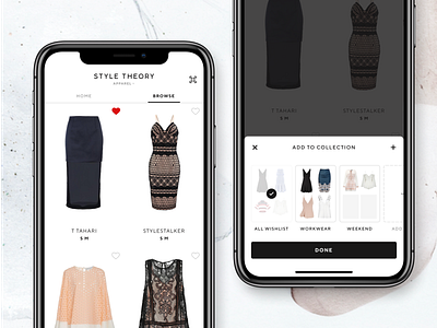 Wishlist - Add to collection bookmark bottom sheet closet clothes clothing collection dress fashion female ios app iphone x lifestyle likes minimal real project rent saas style theory wardrobe wishlist
