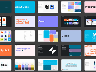 Glide Brand Guidelines animated brand animated brand guidelines blue brand guidelines branding design guidelines illustration landing logo minimal shapes typography ui