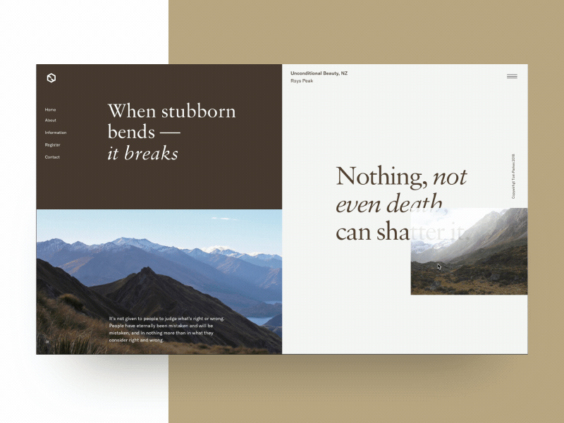 Nz Layout 02 animation brown gold homepage interaction landing modern new transition travel typography