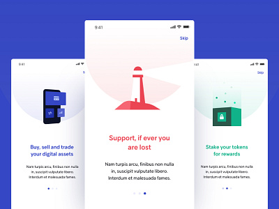 Timechain Walkthrough Illustrations app blue green red coins crypto icons illustration ios iphone x lighthouse onboarding support tutorial walkthrough
