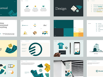Elevate Security Rebrand — Brand Guide brand design brand guide brand identity brand identity designer branding dinosaur dragon green moss patterns shapes teal typography yellow yellow logo