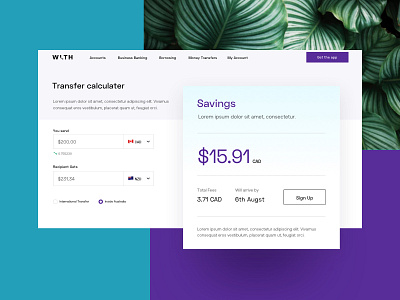 WLTH Calculator bank calculator finance fintech minimal purple startup teal ui