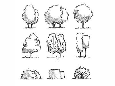 Trees and Bushes Set adobe art design drawing flat graphics flat icons graphic design grayscale illustration illustrator logo sketch tree set trees vector art