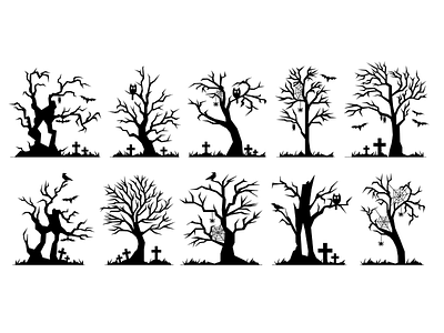 Spooky Tree Silhouettes - 10 Graphics adobe art design design bundles graphic design halloween halloween graphics halloween trees illustration illustrator tree silhouettes vector art