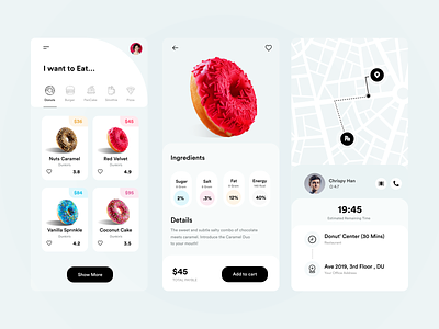 Donut UI add to card app app design application application ui card ui donut shop food delivery app ios app mobile app mobile ui online delivery pizza product product details shopping app tracking tracking app ui uiux