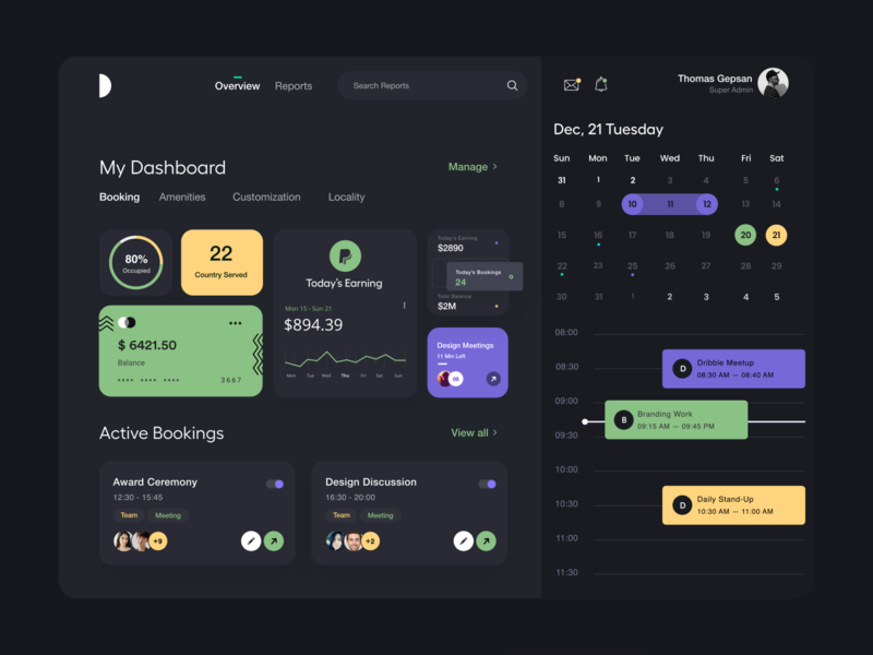 Dashboard Dark bookings calendar calendar ui card ui clean credit dashboard dashboard app dashboard design dashboard ui meeting payment product design stats typography ui ui ux user experience user interface ux